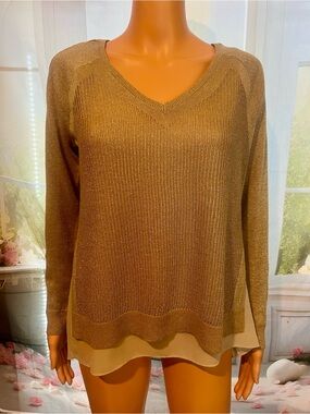 Lucky Brand Metallic Gold V-Neck Layered-Hem Sweater